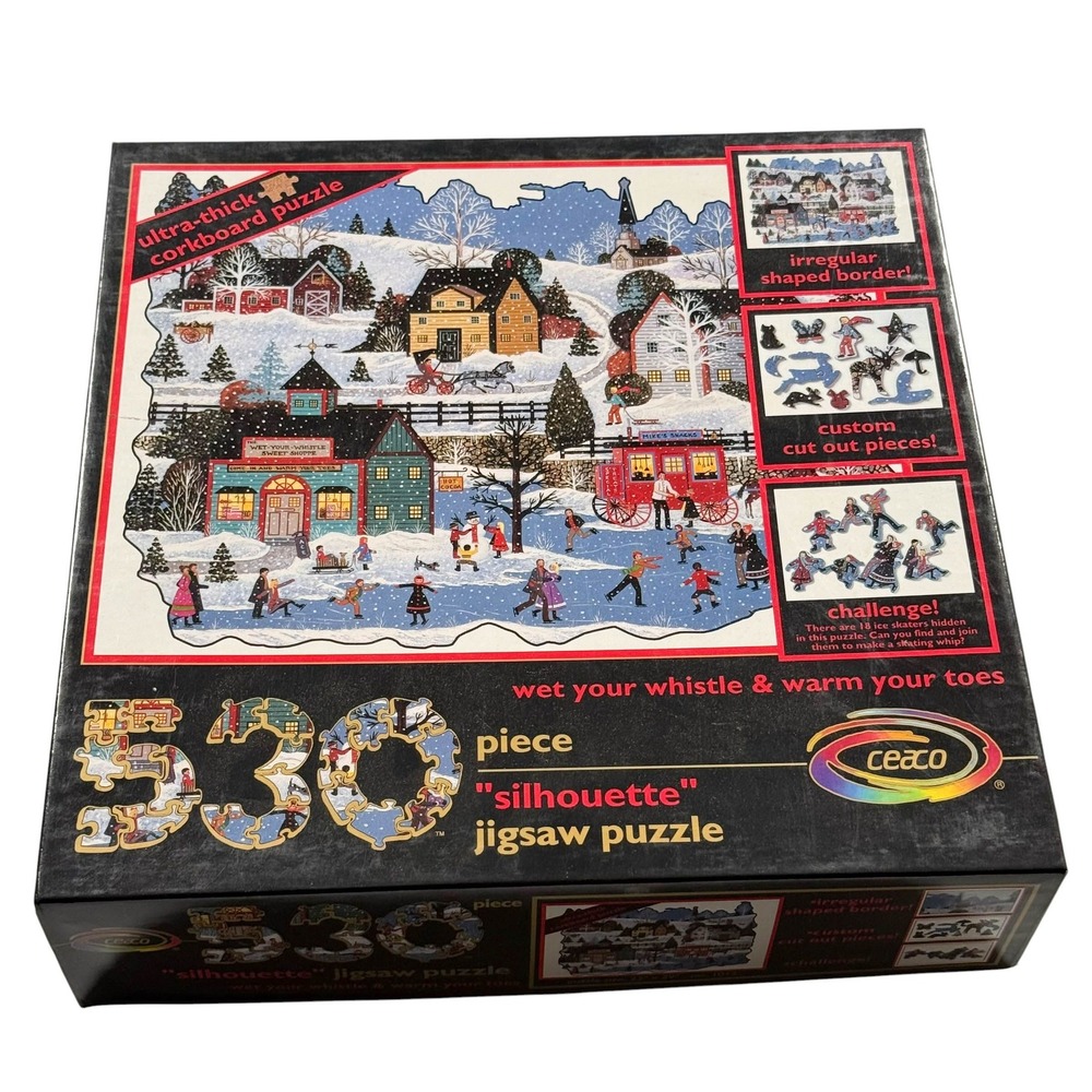 Ceaco 530 Piece Silhouetteβ Corkboard Jigsaw Puzzle Winter Village Ice Skaters